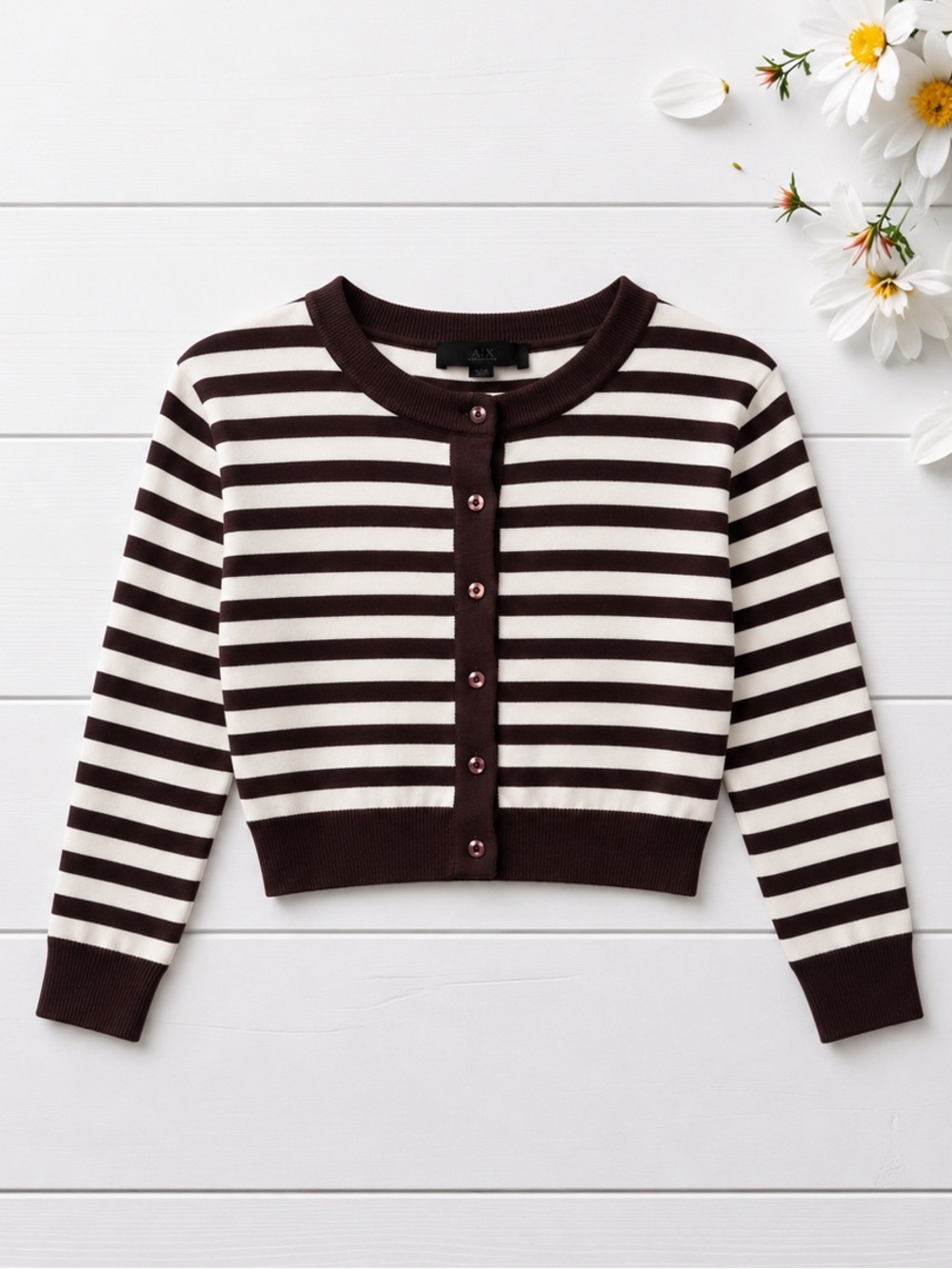 Zara Brown and White Striped Crewneck Cardigan Women’s small